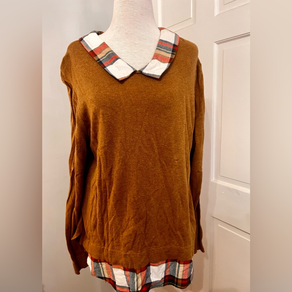 J Crew Factory Tartan Plaid Woven Collar Sweater